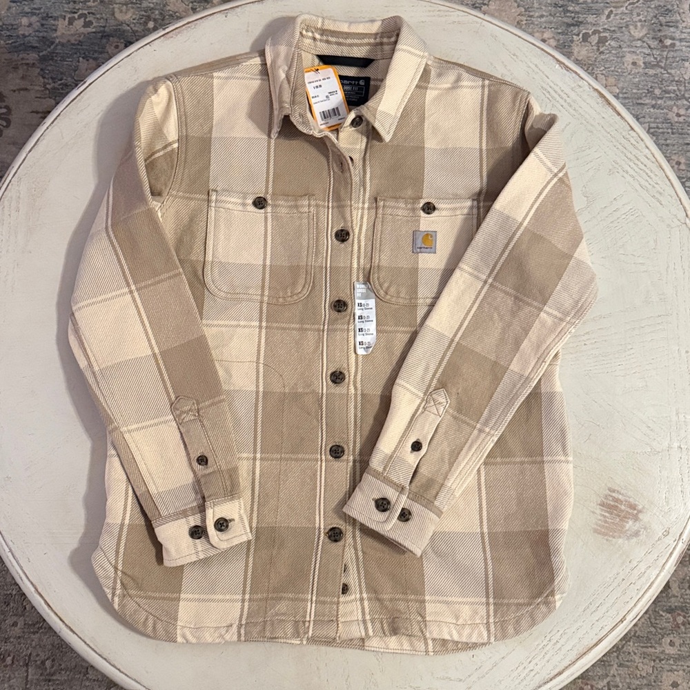 Women’s Carhartt Beige & Cream “Oatmilk”Plaid Shirt Jacket XS New